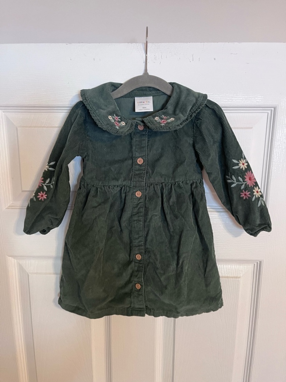 Little Co. Olive Green Corduroy Floral-Embroidered Girls' Dress